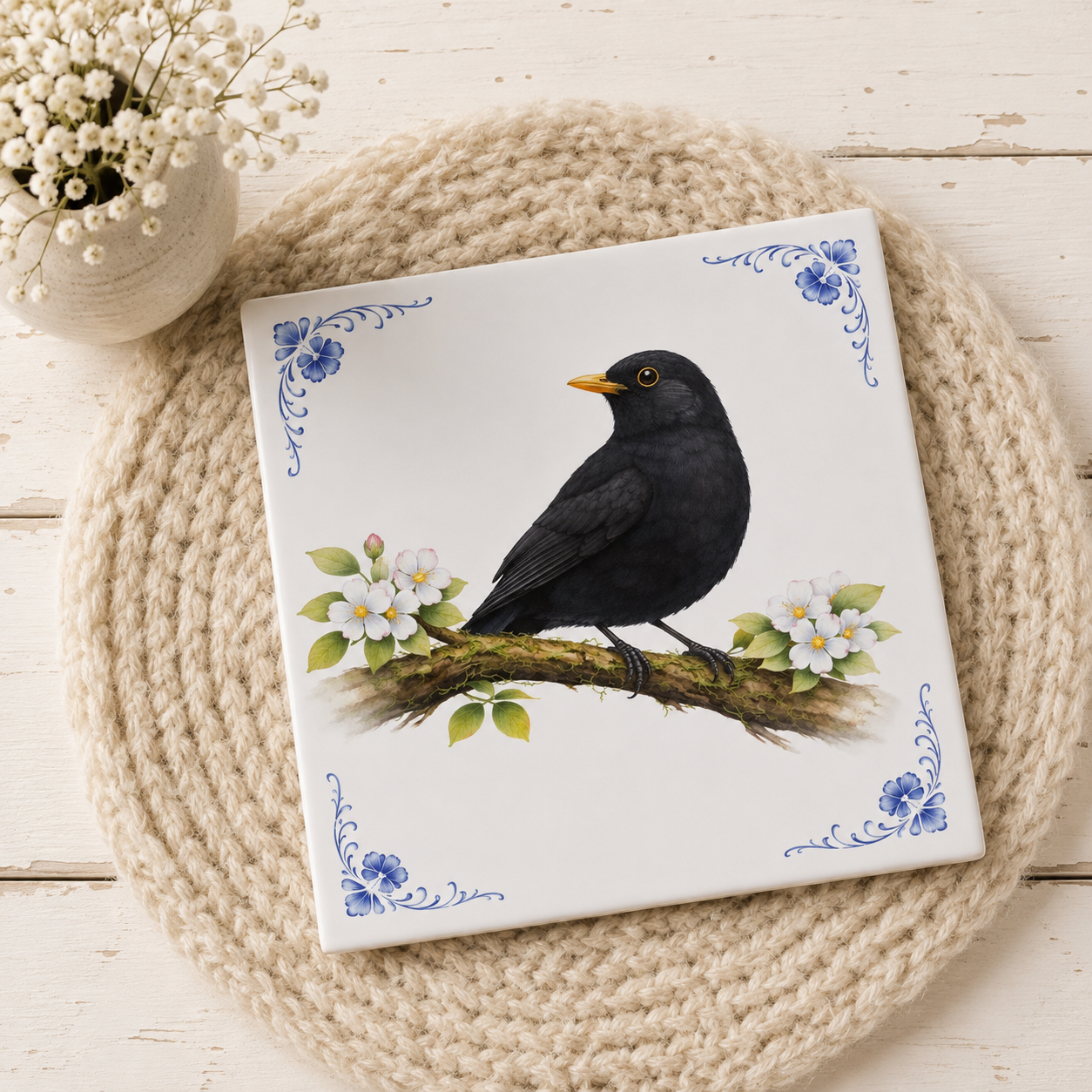 Azulejo de Delft con Mirlo – Ilustración Vintage de Pájaro