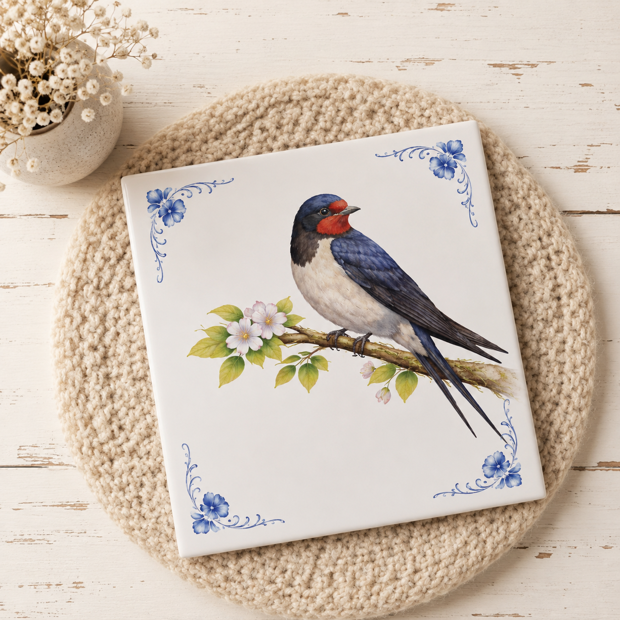 Azulejo Delft Azul con Golondrina – Ilustración de Pájaro Vintage