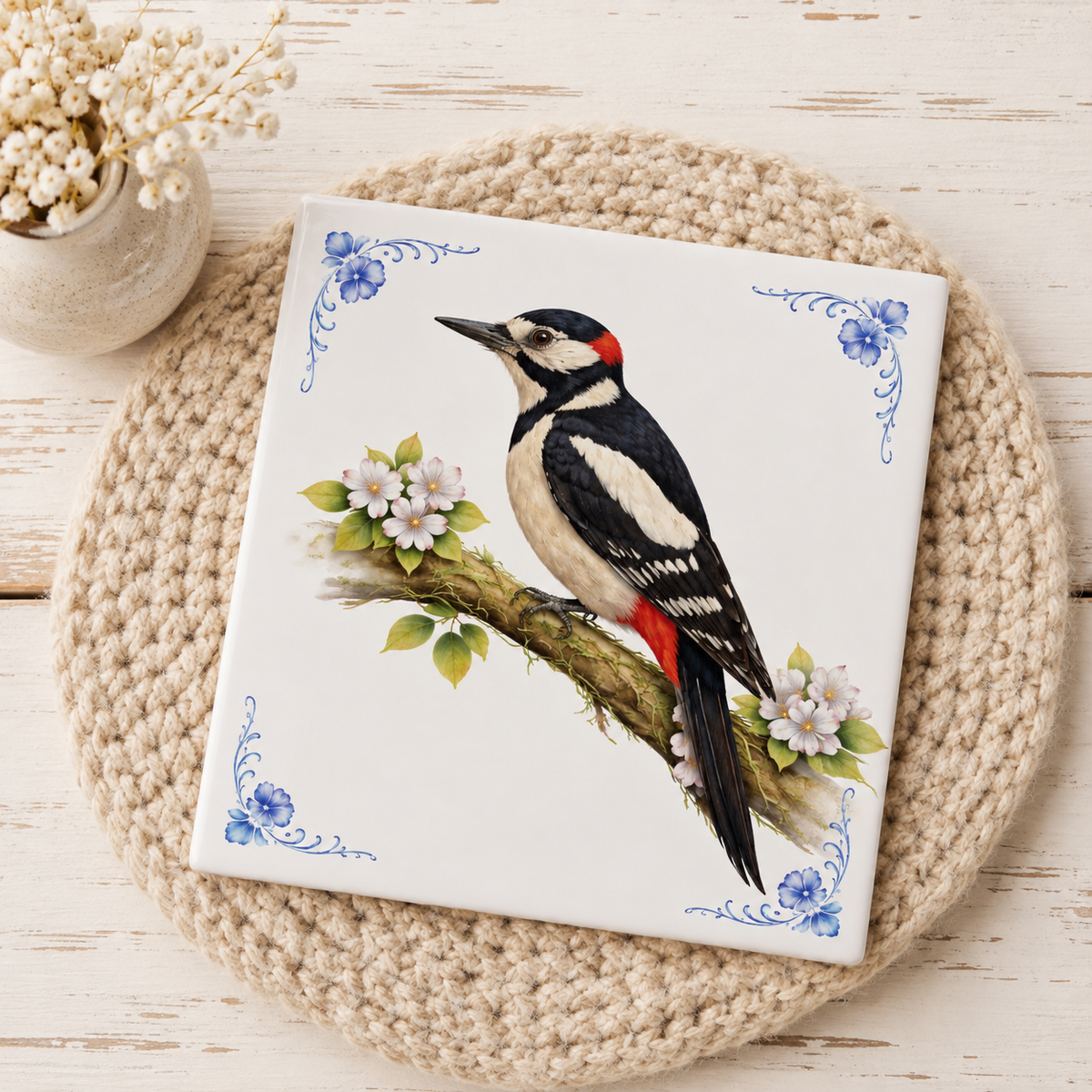 Delfts Blauw Tegeltje met Specht – Vintage Vogel Illustratie