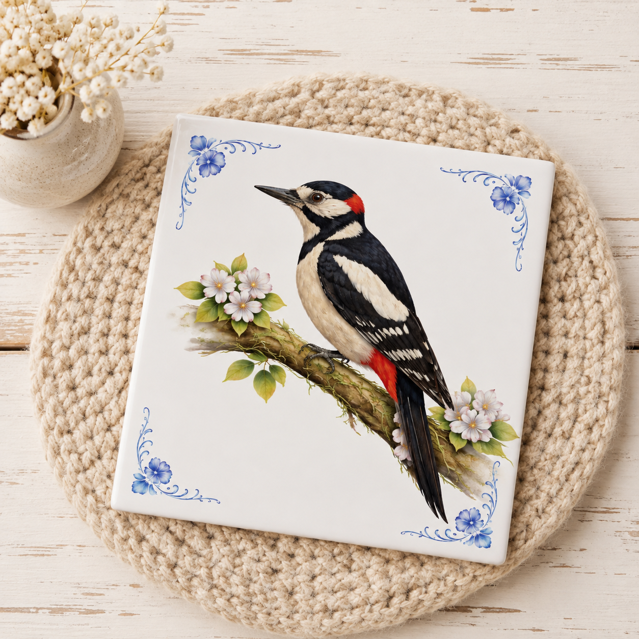 Delfts Blauw Tegeltje met Specht – Vintage Vogel Illustratie