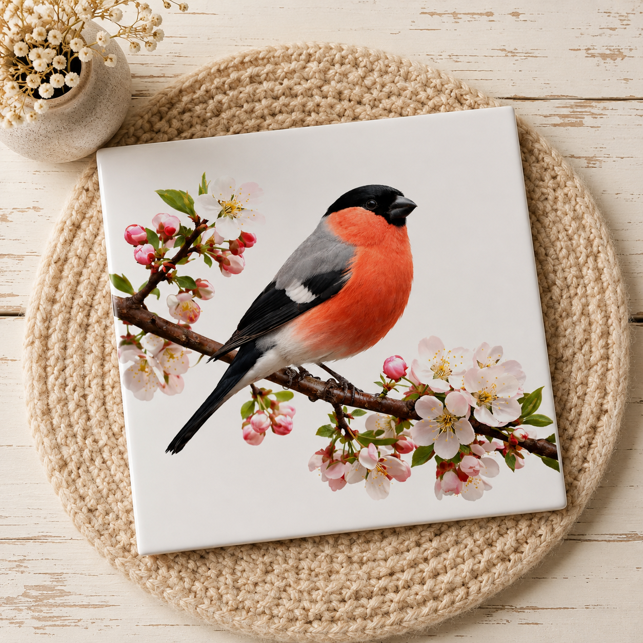 Azulejo con Camachuelo – Ilustración de Pájaro Vintage