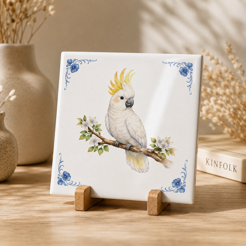 Delfts Blauw Tegeltje met Kaketoe – Tropische Papegaai Illustratie