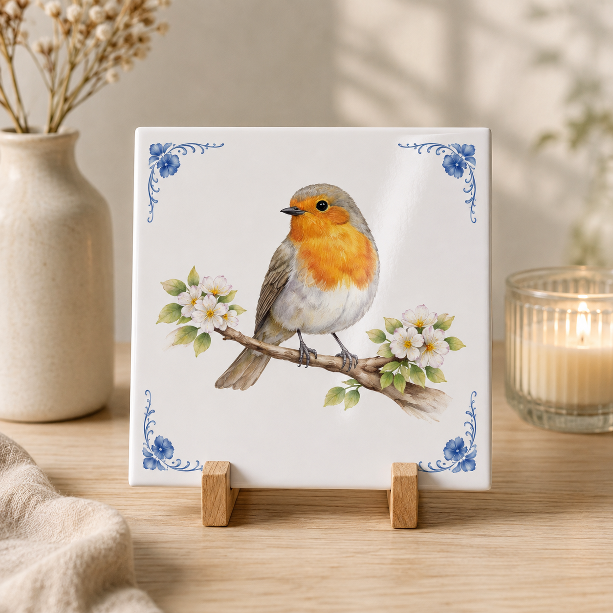 Delfts Blauw Tegeltje met Roodborstje – Vintage Vogel Illustratie