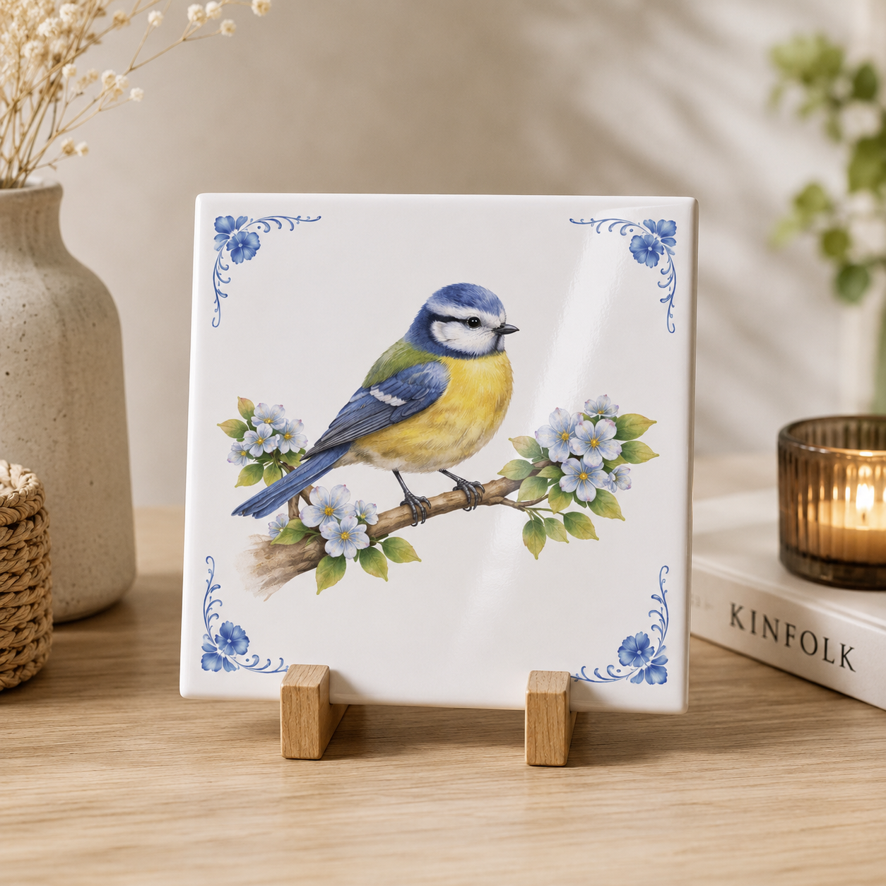 Delfts Blauw Tegeltje met Pimpelmees – Vintage Vogel Illustratie