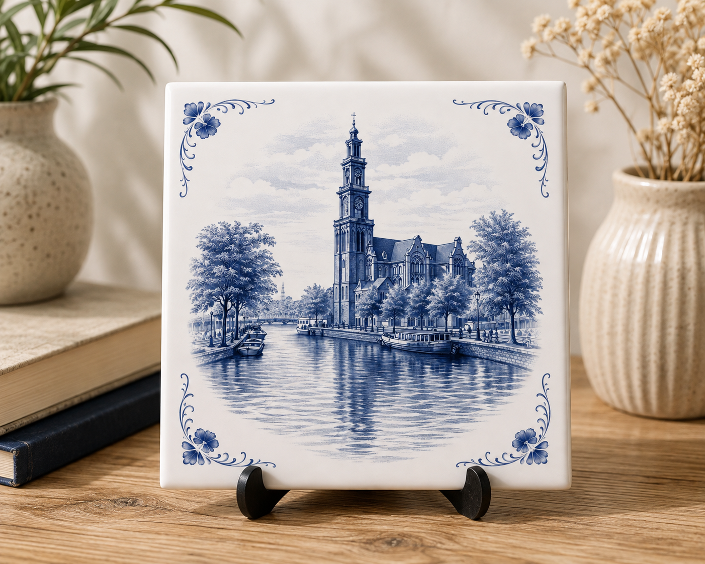Delfts Blauw Tegeltje met Amsterdam Uitzicht – Klassieke Architectuur Illustratie