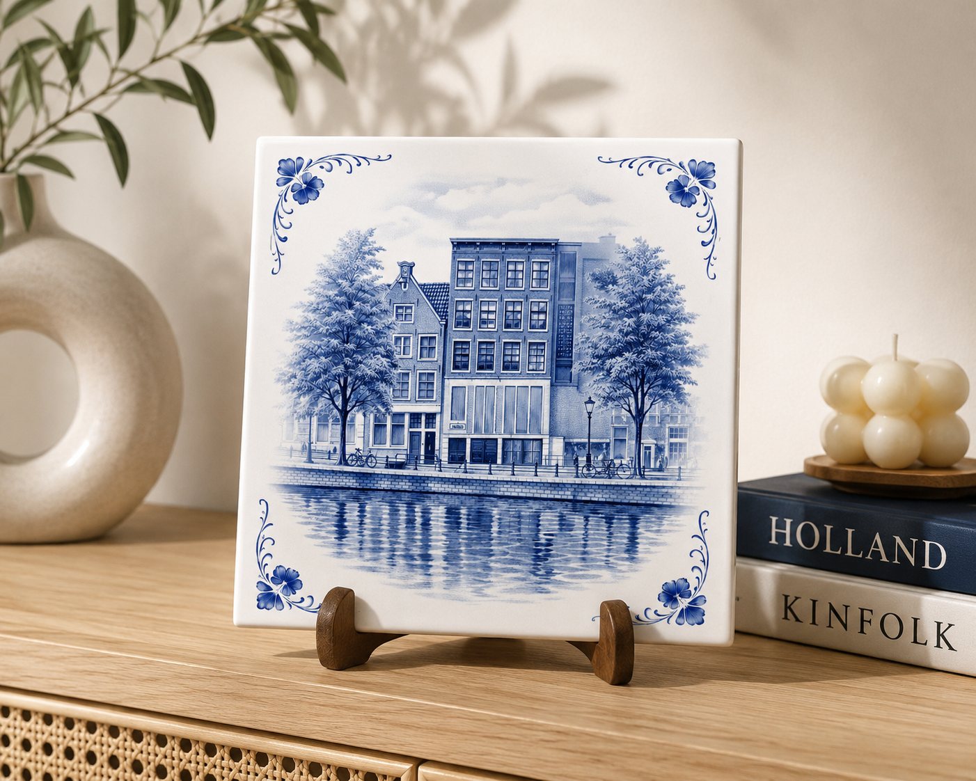 Azulejo Delft Azul con la Casa de Ana Frank – Ilustración de Arquitectura Clásica