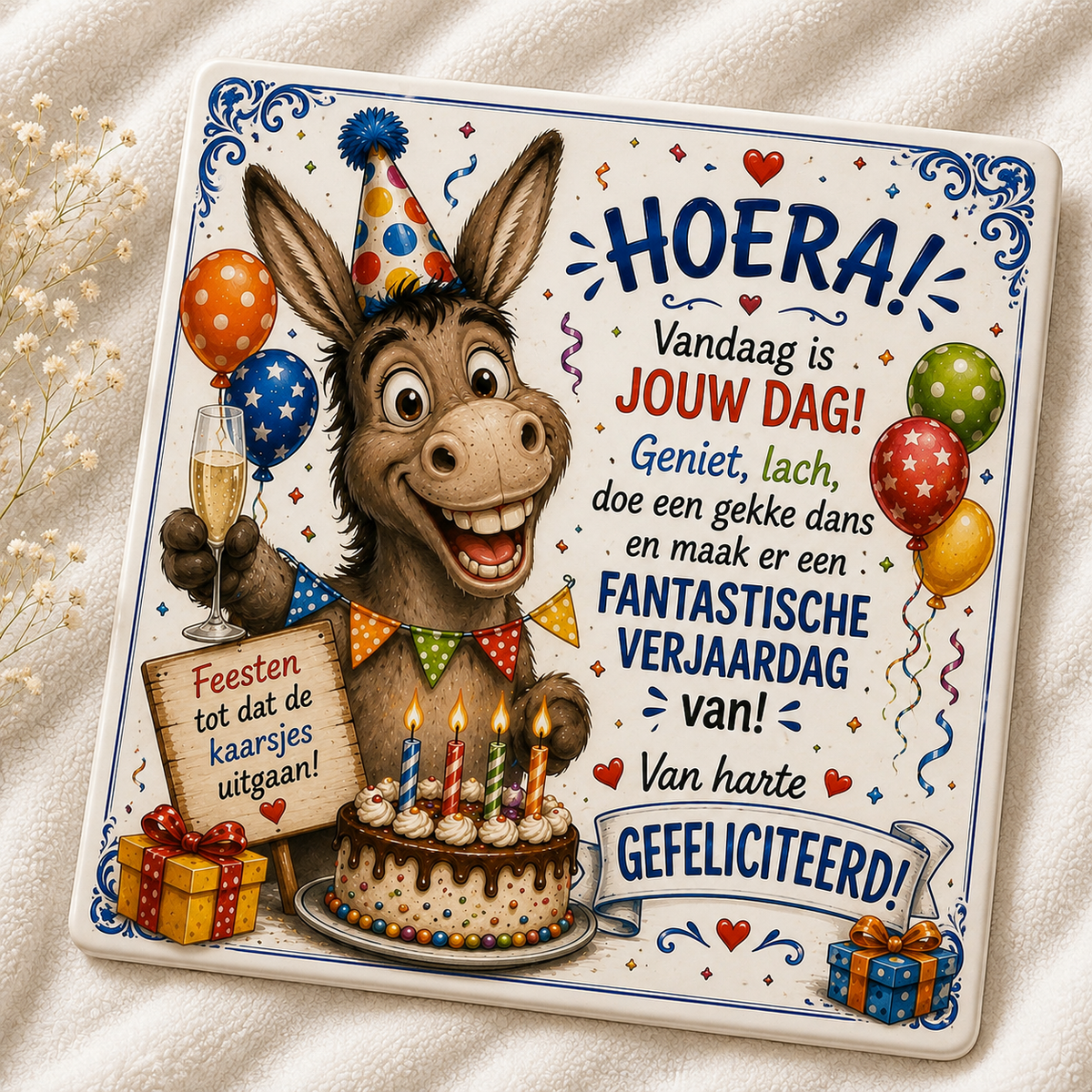 Verjaardag Tegeltje – Hoera! Vandaag is jouw dag – Feestende Ezel
