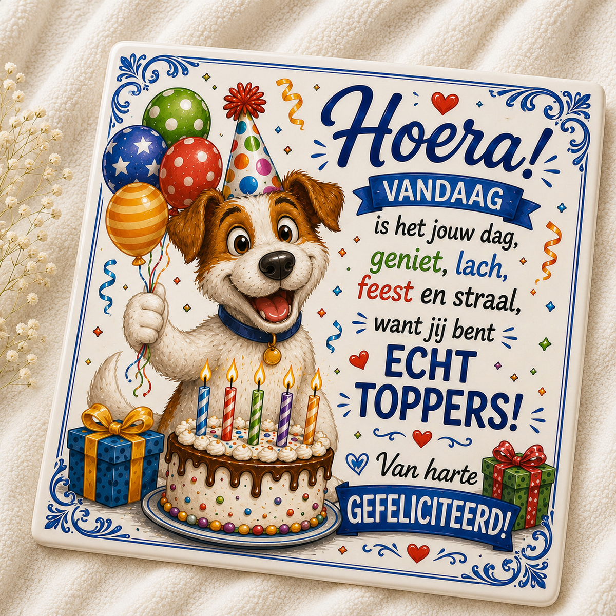 Verjaardag Tegeltje – Hoera! Feestende Hond met Taart
