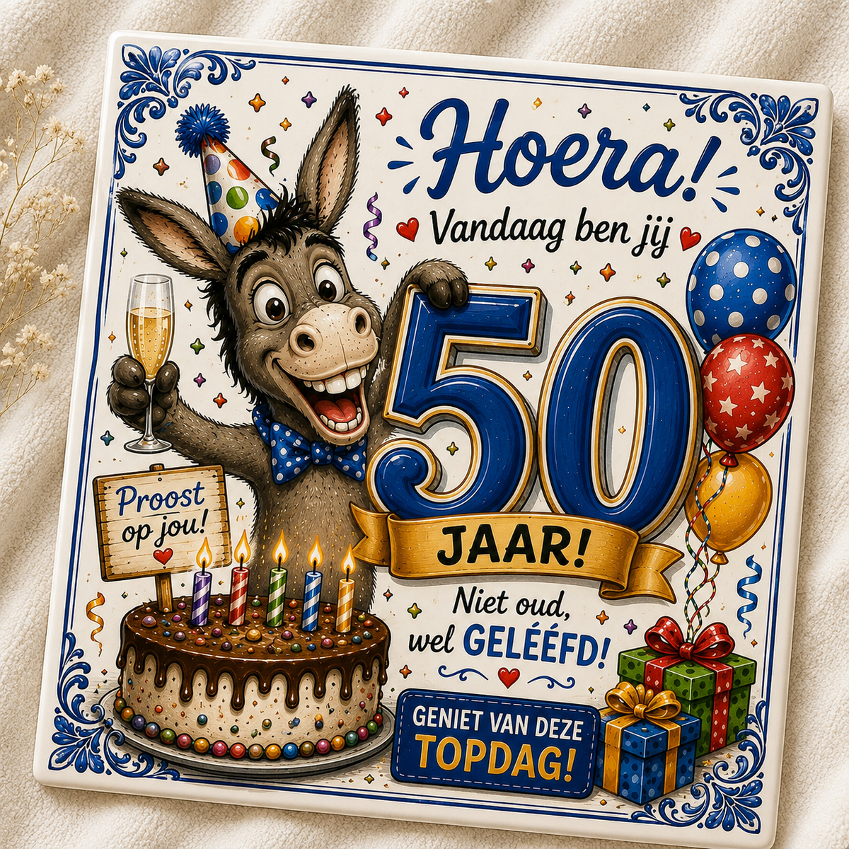 Gepersonaliseerd Verjaardag Tegeltje met Leeftijd – Feestende Ezel