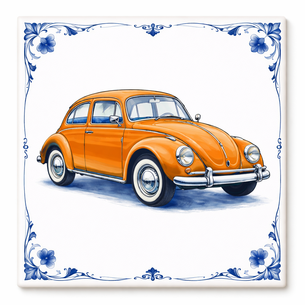 Delfts Blauw Tegeltje met Oldtimer Auto – Vintage Oranje Klassieker (Volkswagen Kever Style)