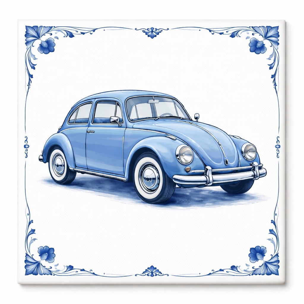 Delfts Blauw Tegeltje met Oldtimer Auto – Vintage Lichtblauw Klassieker (Volkswagen Kever Style)