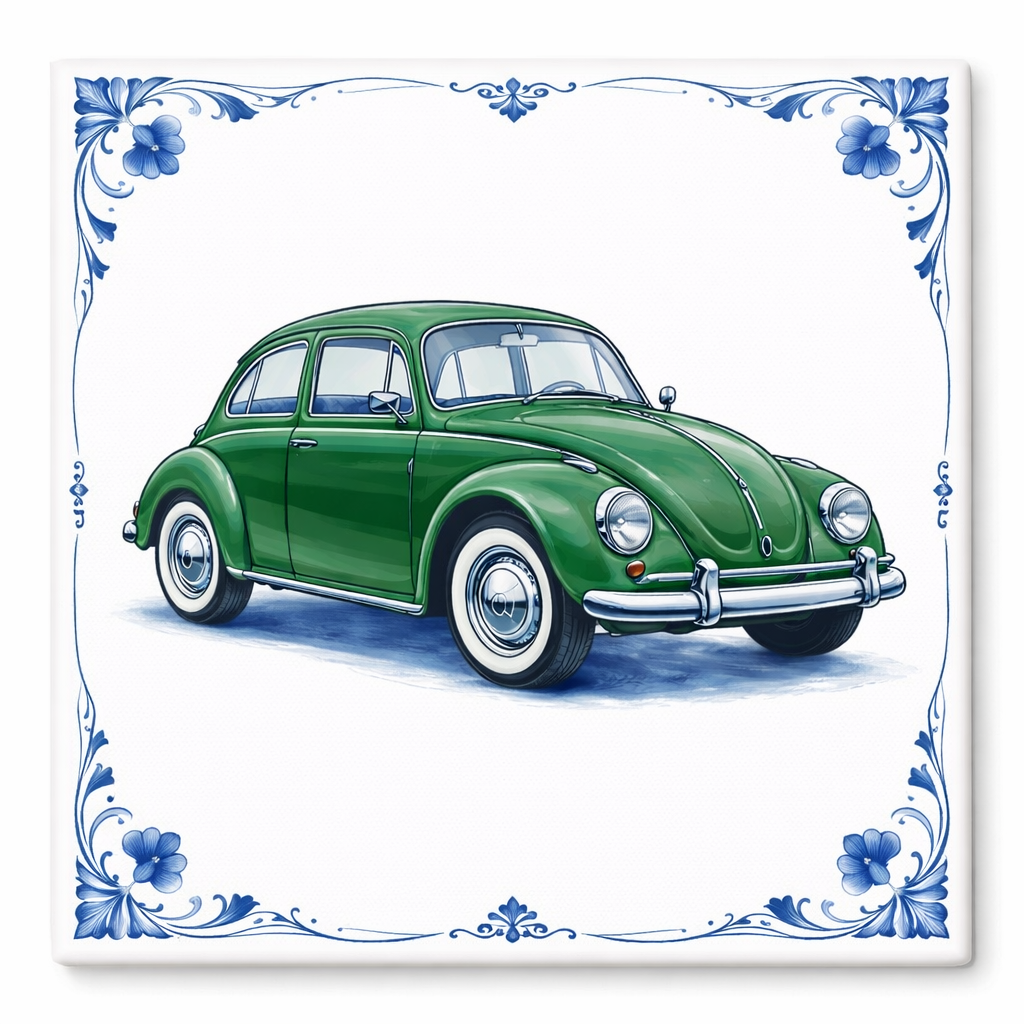 Delfts Blauw Tegeltje met Oldtimer Auto – Vintage Groen Klassieker (Volkswagen Kever Style)