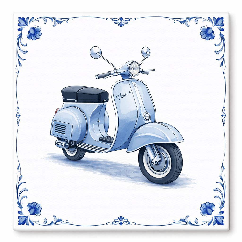 Delfts Blauw Tegeltje met Oldtimer Scooter – Vintage Lichtblauw Klassieker (Vespa)