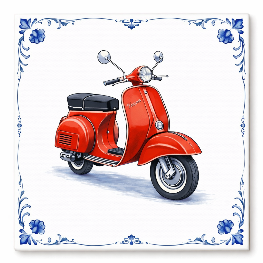 Delfts Blauw Tegeltje met Oldtimer Scooter – Vintage rode Klassieker (Vespa)