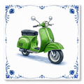 Delfts Blauw Tegeltje met Oldtimer Scooter – Vintage Groen Klassieker (Vespa)