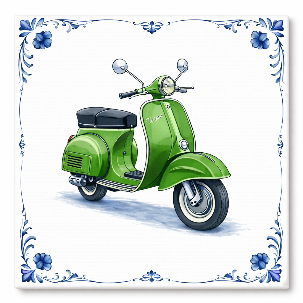 Delfts Blauw Tegeltje met Oldtimer Scooter – Vintage Groen Klassieker (Vespa)