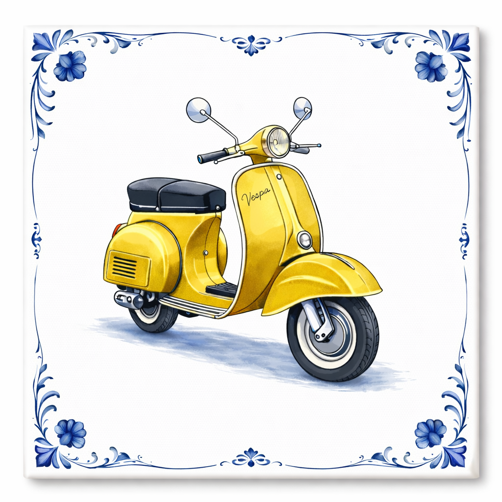 Delfts Blauw Tegeltje met Oldtimer Scooter – Vintage gele Klassieker (Vespa)