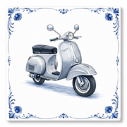 Delfts Blauw Tegeltje met Oldtimer Scooter – Vintage Zilver Klassieker (Vespa)
