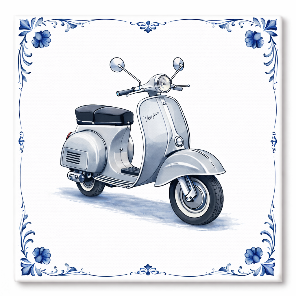 Delfts Blauw Tegeltje met Oldtimer Scooter – Vintage Zilver Klassieker (Vespa)