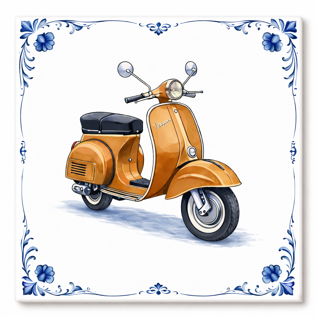 Delfts Blauw Tegeltje met Oldtimer Scooter – Vintage Bronze Klassieker (Vespa)