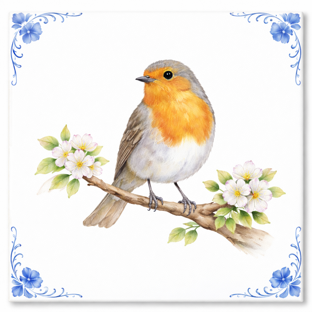 Delfts Blauw Tegeltje met Roodborstje – Vintage Vogel Illustratie