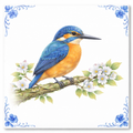 Delfts Blauw Tegeltje met IJsvogel – Vintage Vogel Illustratie
