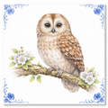 Delfts Blauw Tegeltje met Uil – Vintage Vogel Illustratie