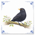Delfts Blauw Tegeltje met Merel – Vintage Vogel Illustratie