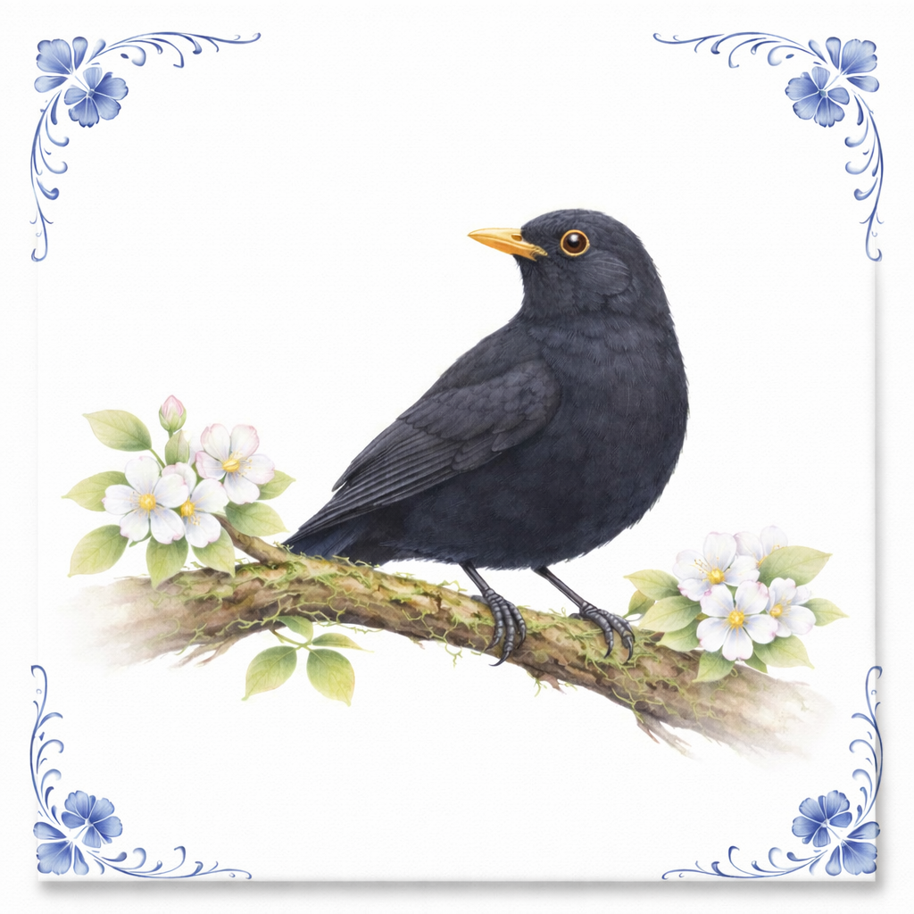 Delfts Blauw Tegeltje met Merel – Vintage Vogel Illustratie