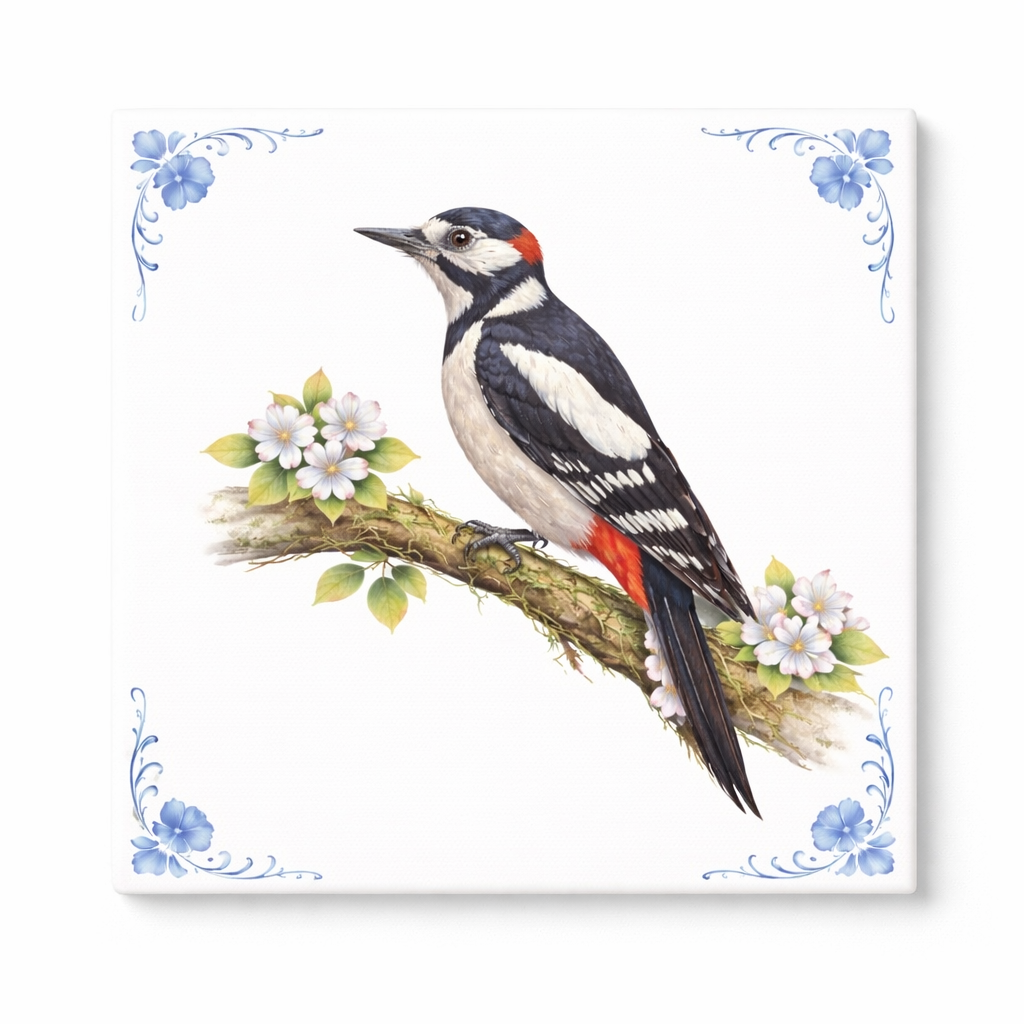 Delfts Blauw Tegeltje met Specht – Vintage Vogel Illustratie