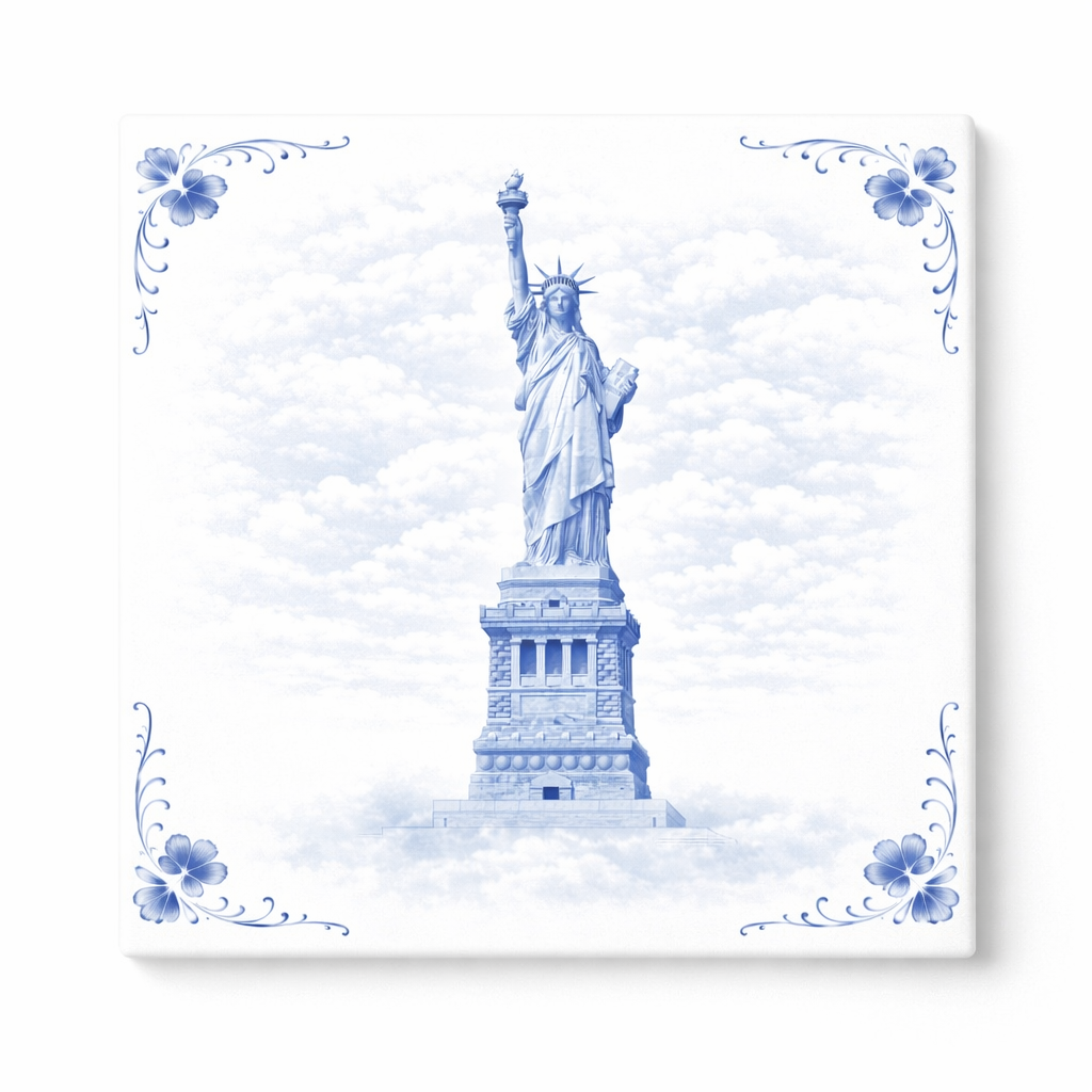 Delfts Blauw Tegeltje Vrijheidsbeeld – Vintage New York Decoratie