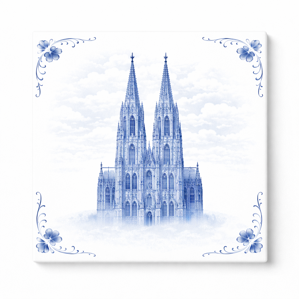 Delfts Blauw Tegeltje met Kathedraal – Klassieke Architectuur Illustratie
