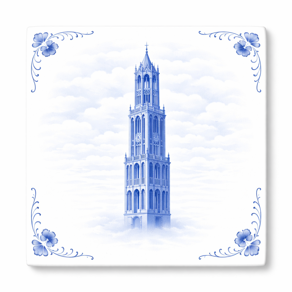 Delfts Blauw Tegeltje met Domtoren – Klassieke Architectuur Illustratie