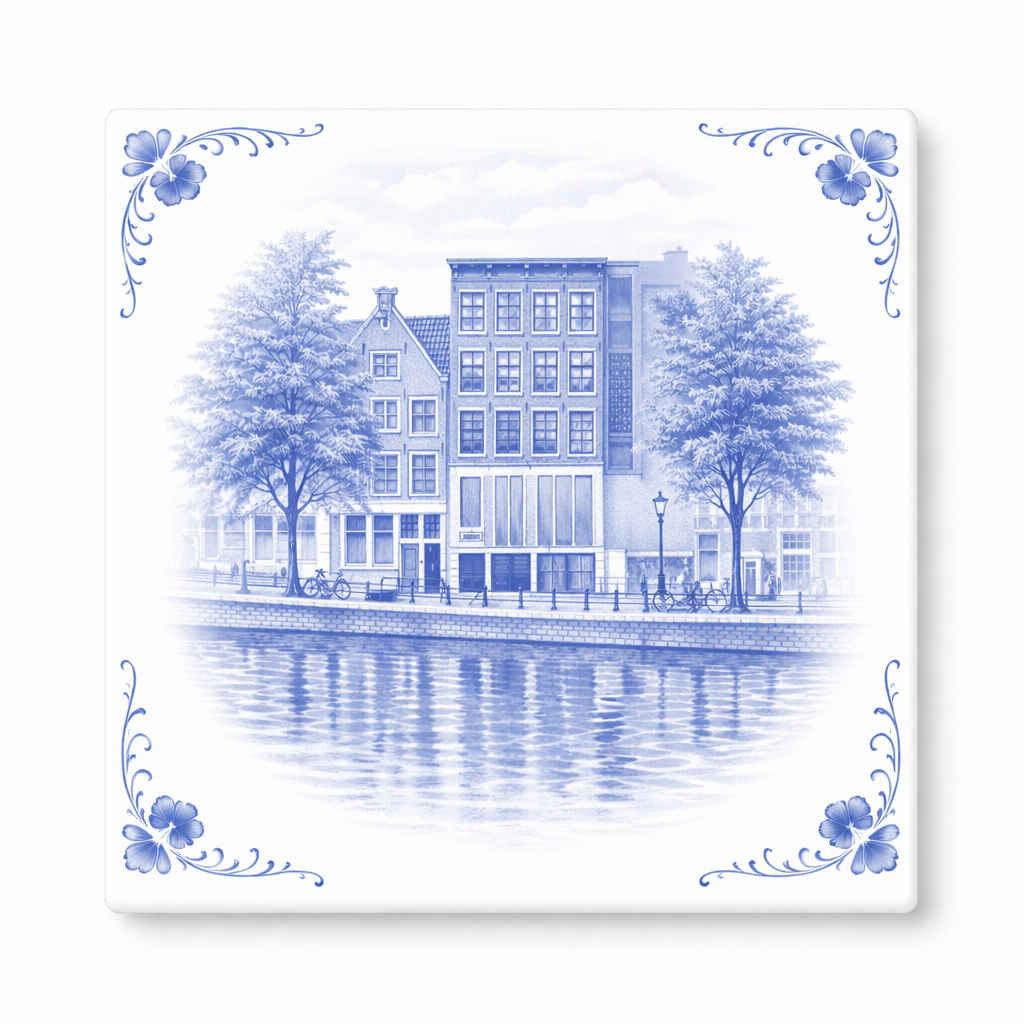 Delfts Blauw Tegeltje met Anne Frank Huis – Klassieke Architectuur Illustratie