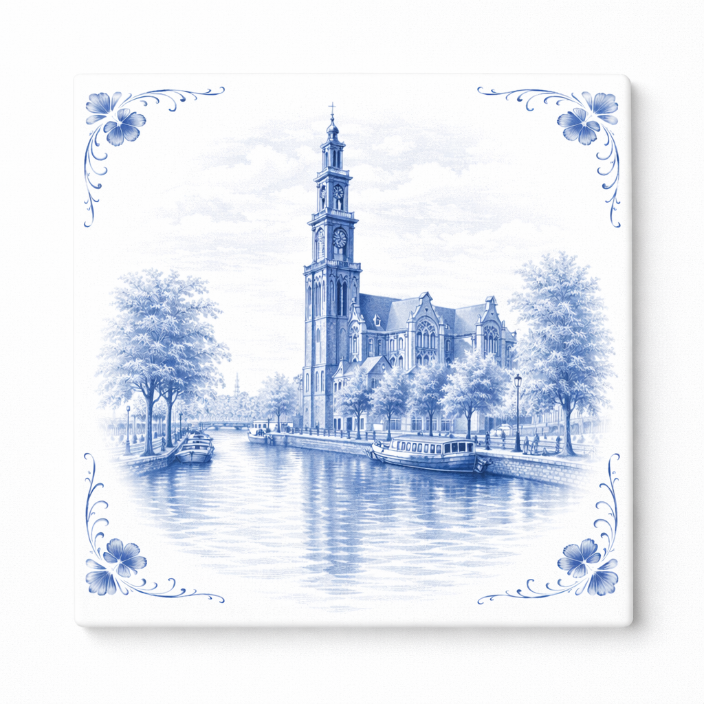 Delfts Blauw Tegeltje met Amsterdam Uitzicht – Klassieke Architectuur Illustratie