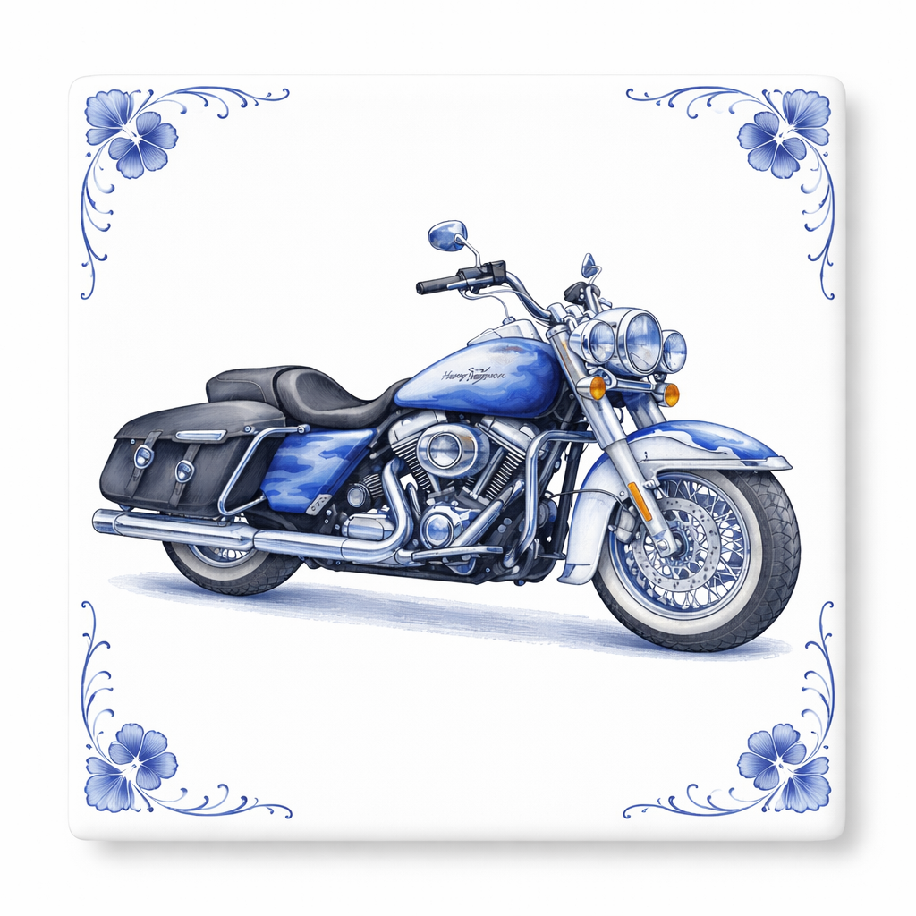 Delfts Blauw Tegeltje Harley-Davidson Motor – Klassieke Blauwe Vintage Motor Decoratie