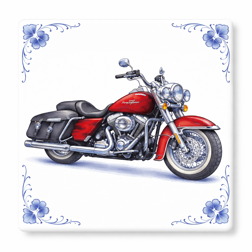 Delfts Blauw Tegeltje Harley-Davidson Motor – Klassieke Rode Vintage Motor Decoratie