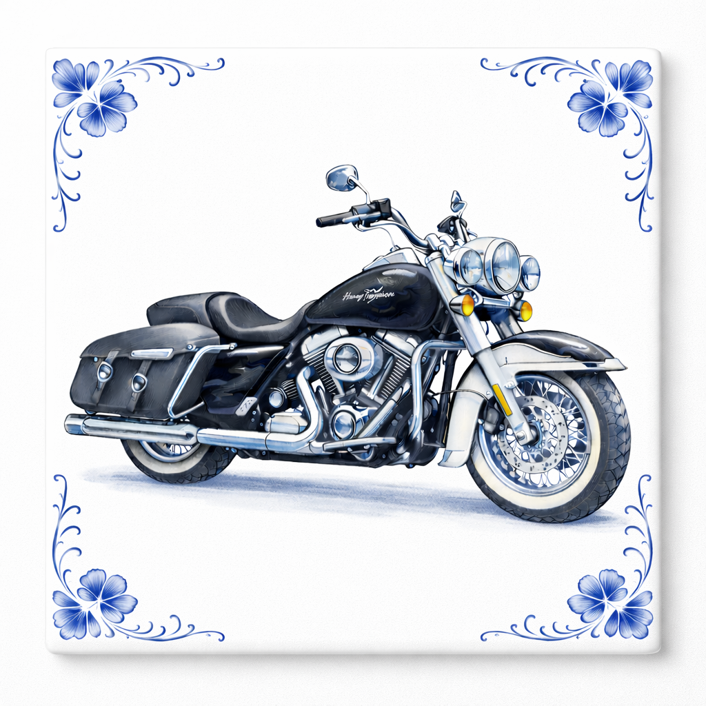 Delfts Blauw Tegeltje Harley-Davidson Motor – Klassieke Zwarte Vintage Motor Decoratie
