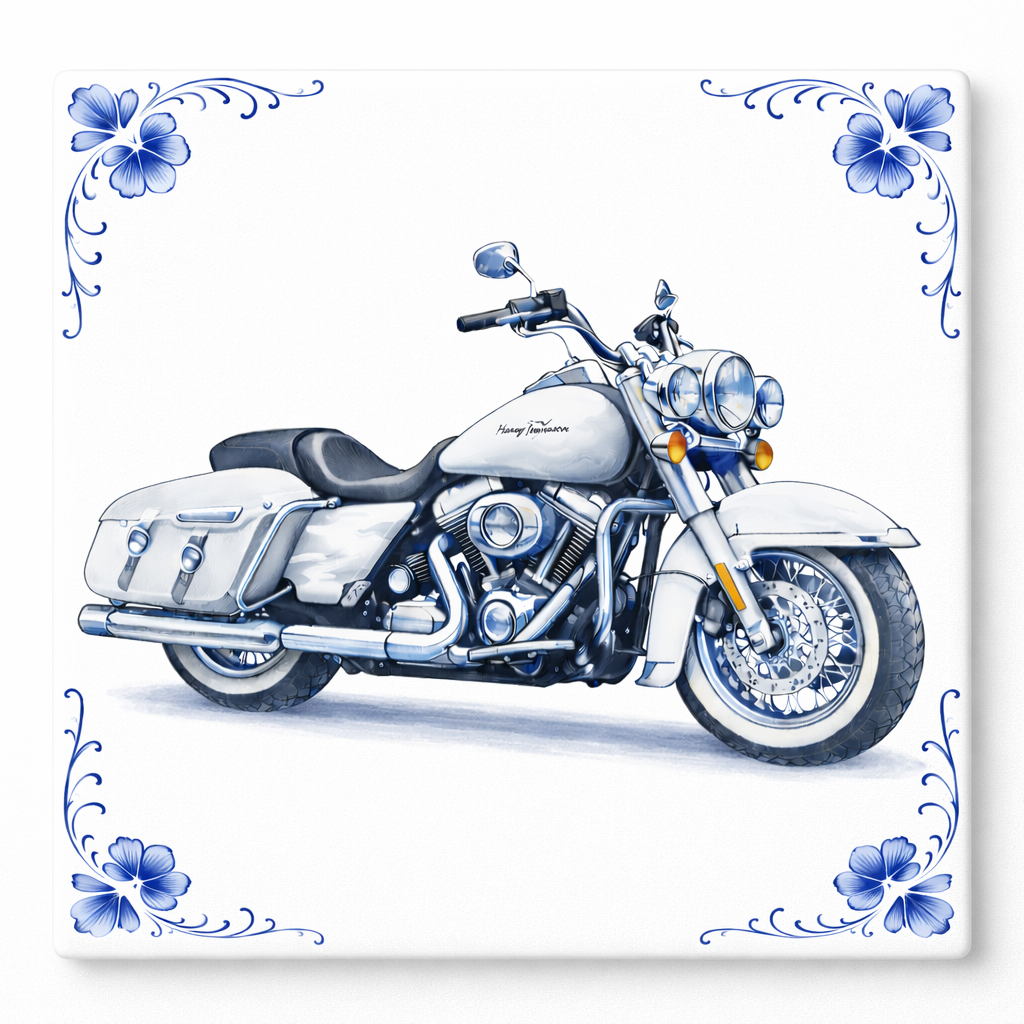 Delfts Blauw Tegeltje Harley-Davidson Motor – Klassieke Witte Vintage Motor Decoratie