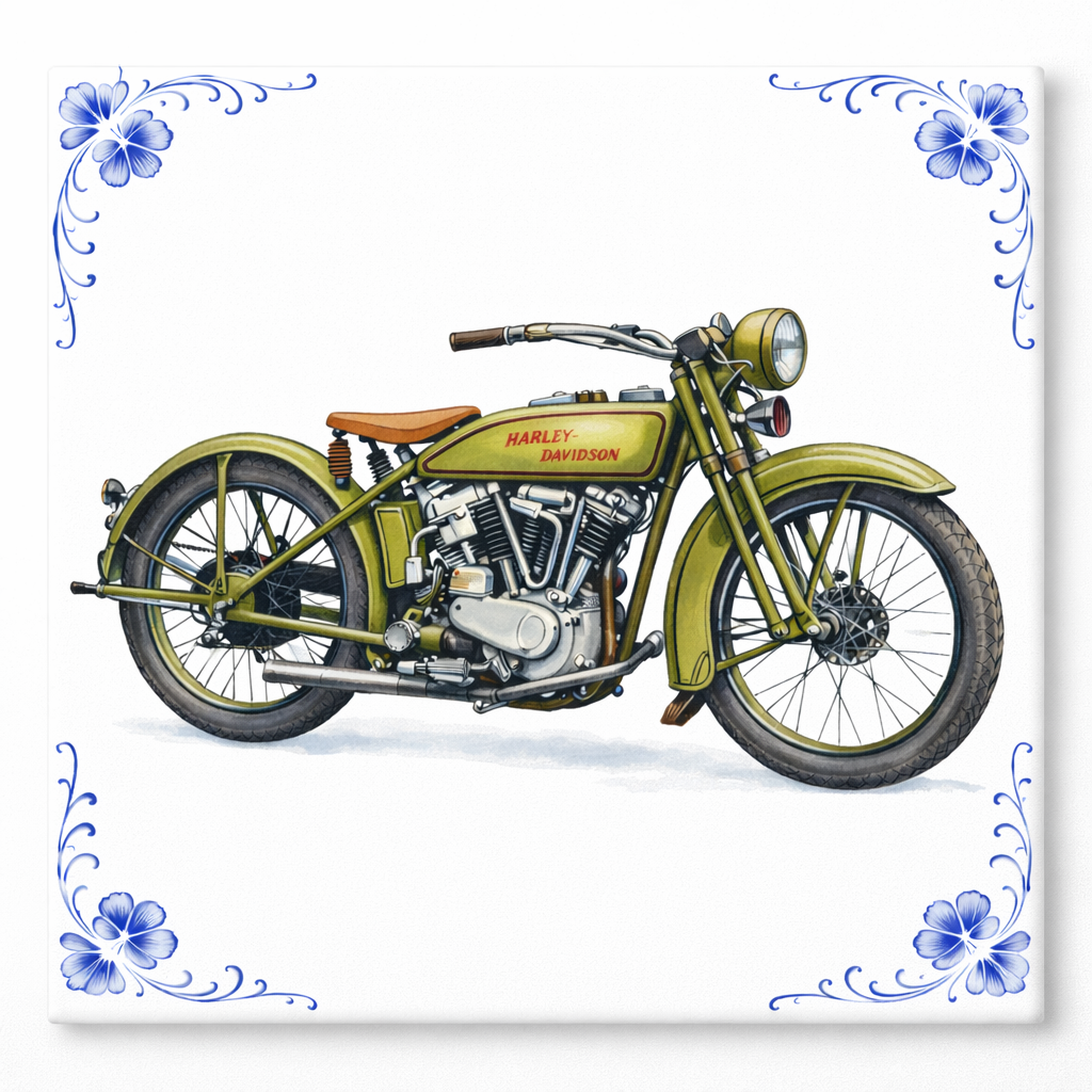Delfts Blauw Tegeltje Harley-Davidson Motor – Klassieke Groene Vintage Motor Decoratie (Old Timer)
