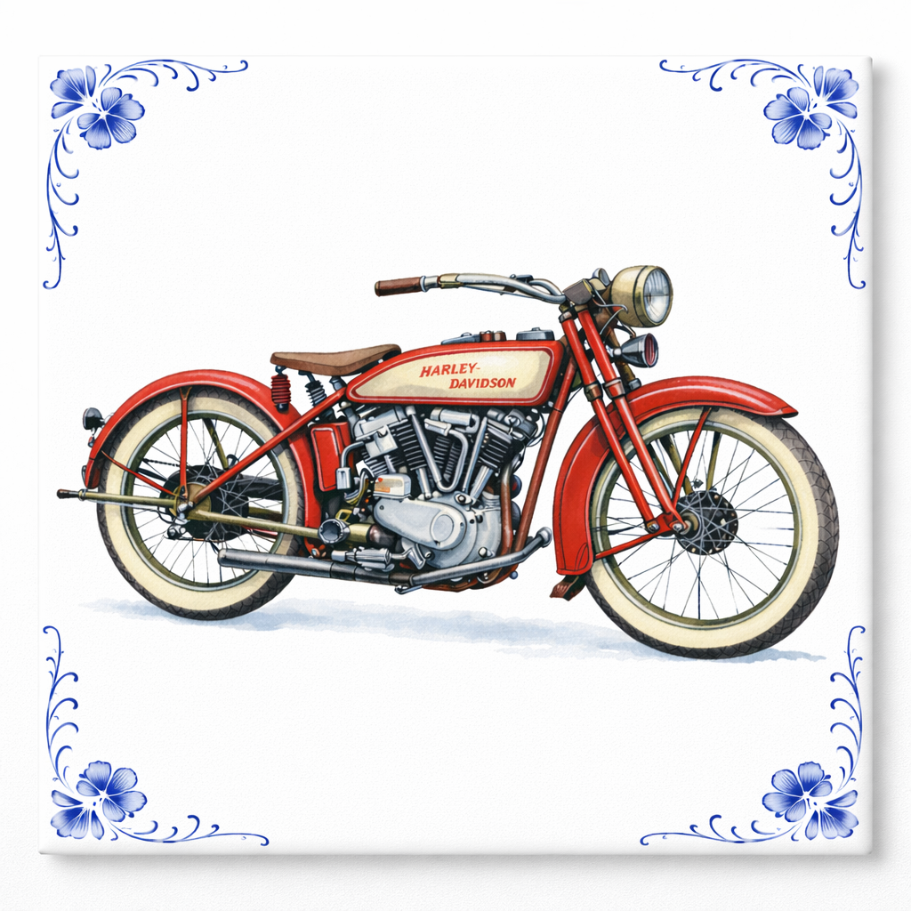 Delfts Blauw Tegeltje Harley-Davidson Motor – Klassieke Rode Vintage Motor Decoratie (Old Timer)