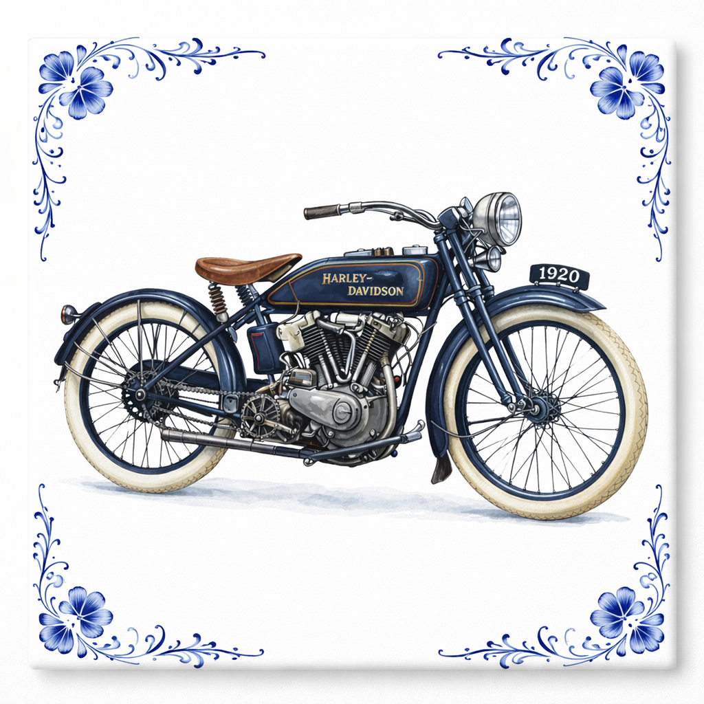 Delfts Blauw Tegeltje Harley-Davidson Motor – Klassieke Zwarte Vintage Motor Decoratie (Old Timer)