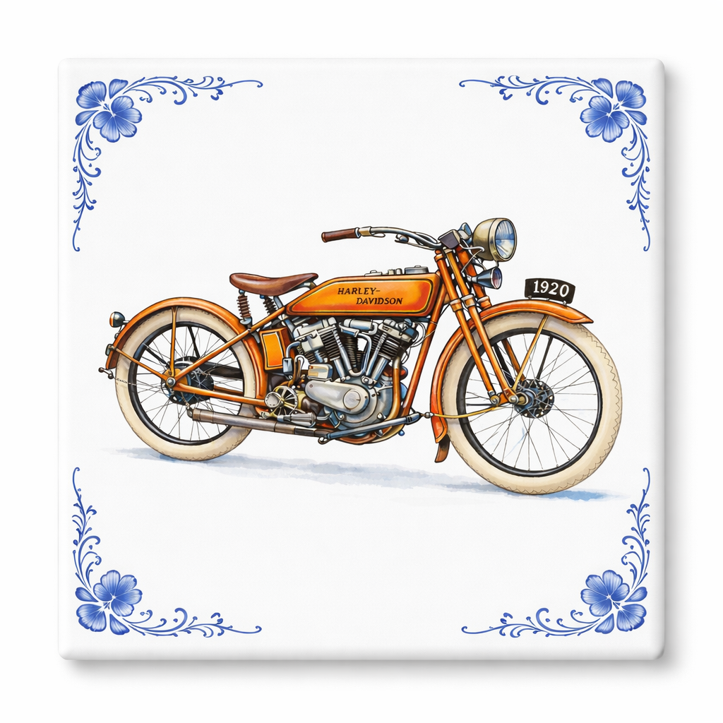 Delfts Blauw Tegeltje Harley-Davidson Motor – Klassieke Oranje Vintage Motor Decoratie (Old Timer)