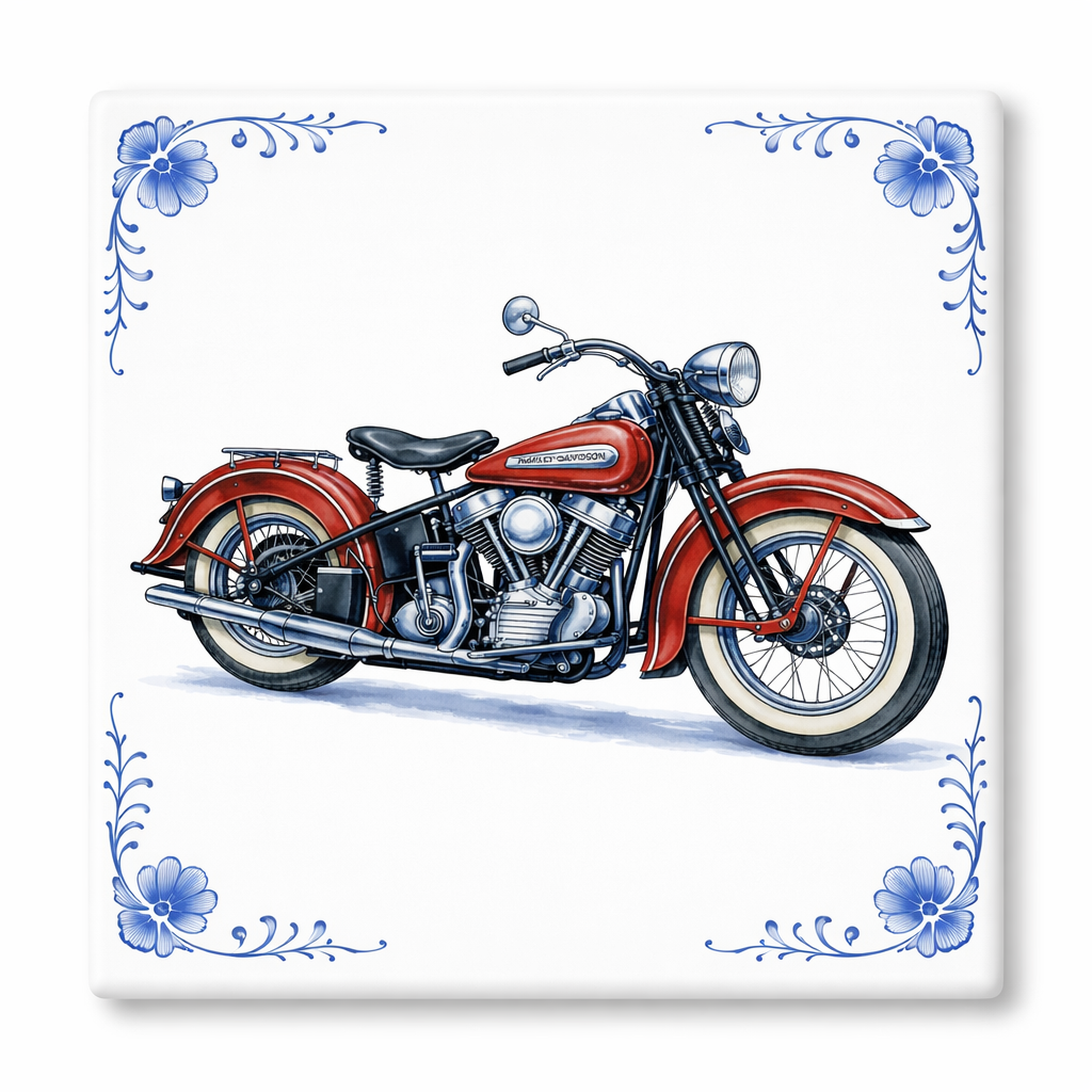Delfts Blauw Tegeltje Harley-Davidson Motor – Klassieke Rode Vintage Motor Decoratie (Old Timer)