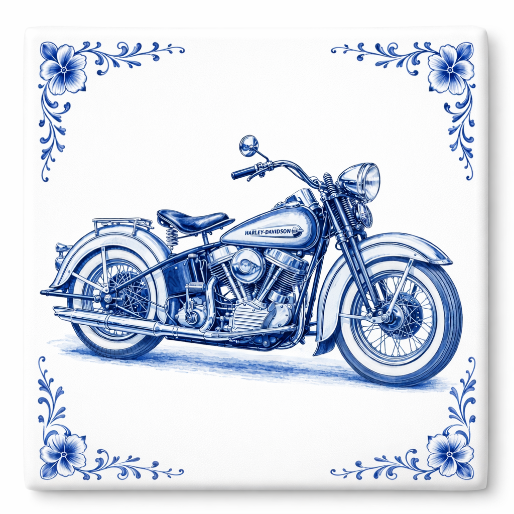 Delfts Blauw Tegeltje Harley-Davidson Motor – Klassieke Delfts blauwe Vintage Motor Decoratie (Old Timer)