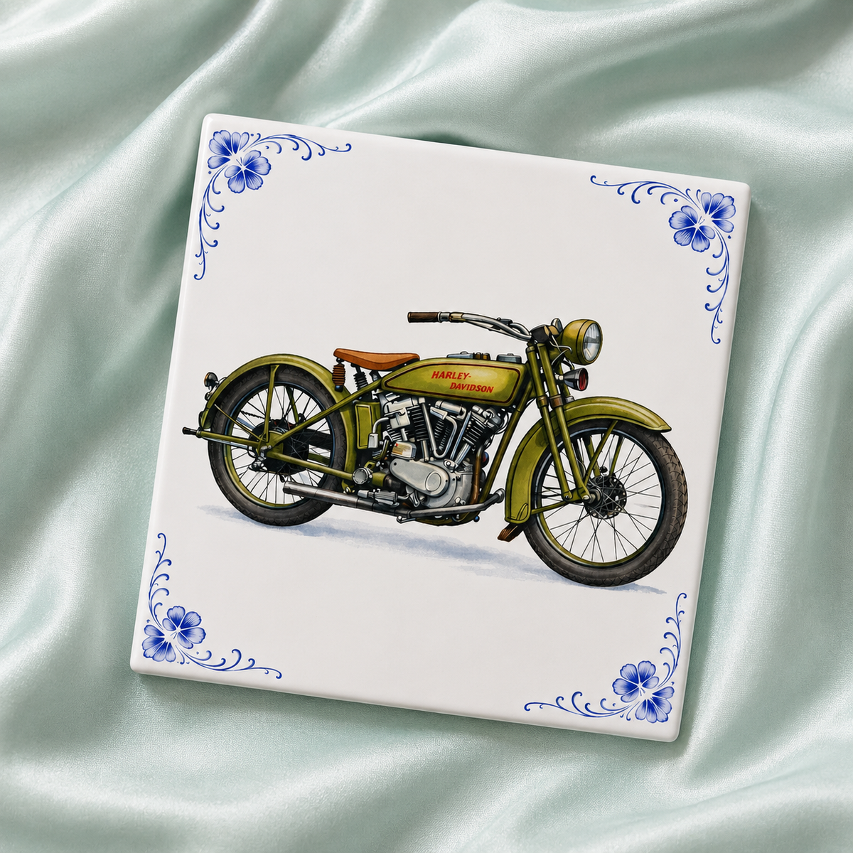 Delfts Blauw Tegeltje Harley-Davidson Motor – Klassieke Groene Vintage Motor Decoratie (Old Timer)